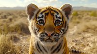 Adorable tiger cub with striking blue eyes in natural desert habitat, wildlife photography showcasing endangered species conservation and animal protection.