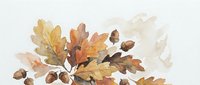 Watercolor autumn oak leaves and acorns in warm brown and golden tones on white background. Seasonal botanical illustration for fall decorations and nature designs.