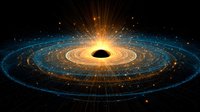 Cosmic black hole with glowing golden and blue accretion disk against dark space background, radiating light beams in spectacular astronomical phenomenon.