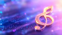 Glowing golden treble clef symbol floating on dreamy blue and purple bokeh background with sparkling light particles and magical atmosphere.