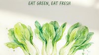 Watercolor bok choy vegetables with motivational eat green eat fresh text on beige background for healthy lifestyle and nutrition concepts.