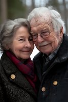 Happy senior couple embracing outdoors in winter coats, showing love and companionship in their golden years with warm smiles and affectionate pose.