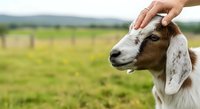 Farmer's hand gently petting brown and white goat head in rural pasture field, showing animal care and agricultural livestock management.