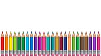 Sharpened colored pencils arranged in a row displaying a vibrant spectrum of hues from red through pink, isolated on white background for design projects.