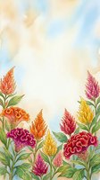 Watercolor celosia flowers in vibrant red, orange, pink and yellow with green leaves on soft sky background with copy space.