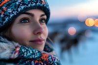 Young Caucasian woman wearing colorful knit winter hat and scarf smiling outdoors at dusk with soft bokeh lights and snowy background creating cozy winter atmosphere.