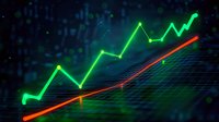 Glowing green stock market chart showing upward trend with red trend line against dark digital background. Used for financial analysis.