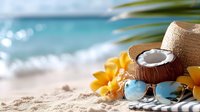 Tropical beach vacation scene with coconut, sunglasses, straw hat and plumeria flowers on sandy shore with turquoise ocean background for summer travel.