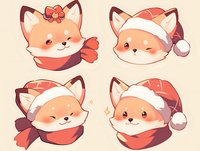 Cute kawaii fox faces with winter accessories and holiday elements, red scarves and Santa hats on beige background, cartoon style for stickers and greeting cards.