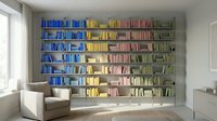 Modern home library interior with colorful books arranged by color on floor-to-ceiling shelves, white armchair and minimalist design for reading spaces.