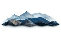 Majestic mountain range silhouette with snow-capped peaks and misty valleys against white background, isolated design element for creative projects.