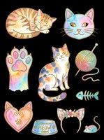 Colorful cat clipart collection featuring sleeping tabby, rainbow cat face, gradient paw print, calico cat, yarn ball, fish bone, heart locket, meow bowl, floral ear headband, and mouse. Isolated on transparent background, ready for t-shirts, stickers, sublimation, and print-on-demand designs.