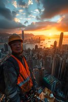 Asian male construction worker in safety gear smiling at camera on high-rise building rooftop against dramatic sunset cityscape with skyscrapers, harbor and mountains in background.