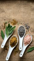 Natural cooking spices and herbs arranged in wooden spoons on rustic burlap background for culinary and kitchen design projects.