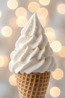 Vanilla soft serve ice cream in waffle cone with golden bokeh lights background for summer dessert and frozen treat concepts.