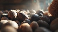 Mixed nuts and seeds including almonds, walnuts, and blueberries arranged in natural sunlight, suitable for healthy eating and nutrition content.