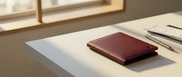 Elegant brown leather wallet on clean white desk surface with natural window lighting creating warm shadows for luxury accessories photography.