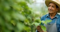 Middle-aged male farmer with Latin American ethnicity wearing straw hat and denim shirt inspecting green plant seedling in greenhouse for agricultural business and gardening.