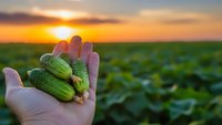 Fresh mini cucumbers held in farmer's hand at sunset over green agricultural field. Organic vegetable harvest concept for healthy eating and farming.