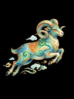 Ornate decorative ram with turquoise, gold, and green patterns leaping dynamically. Isolated on transparent background, ready for t-shirts, stickers, clipart, sublimation, and print-on-demand designs.