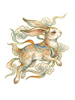 Ornate celestial rabbit leaping through swirling clouds, Asian folk art style, isolated on transparent background, ready for stickers, sublimation, and t-shirt design.