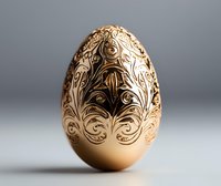 Luxurious golden egg with ornate floral baroque pattern engraving stands on gray background. Decorative Easter symbol features intricate swirls and vintage design elements.