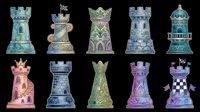 Ornate chess rook pieces in blue, green, and purple with decorative castle tower designs. Isolated on transparent background, ready for t-shirt designs, clipart, stickers, and print-on-demand products.