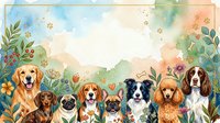 Adorable dogs of various breeds sitting together in watercolor floral garden with paw prints, featuring golden retriever, beagle, pug, border collie and spaniel.