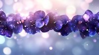 Purple pansies floating in dreamy bokeh light background with glowing particles and soft focus effects creating magical floral border design.