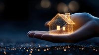 Glowing miniature house resting in open palm against dark background with bokeh lights, symbolizing home ownership, real estate dreams and property protection.