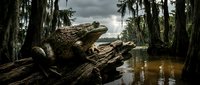 Alligator resting on log in swamp with cypress trees and murky water, suitable for wildlife, nature, and environmental conservation content.