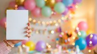 Hands holding blank white card with colorful balloons, string lights and confetti in soft focus background for celebration, party invitations, greeting cards and festive event announcements.