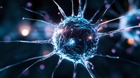 Microscopic view of glowing blue neuron cell with extending axons and dendrites on dark background, showing neural network connectivity and brain activity.