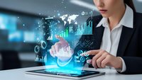 Professional businesswoman analyzing holographic data visualization and global analytics on digital tablet in modern office environment.