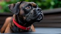Close up portrait of brown and black boxer mix puppy wearing red collar looking up attentively against blurred natural background, shallow depth of field.