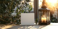 Vintage lantern with glowing candle and blank card on wooden table at sunset, surrounded by lush green foliage.