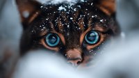 Close-up portrait of cat face with intense bright blue eyes peering through snow, dramatic winter photography with selective focus on hypnotic feline gaze.