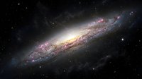 Spectacular spiral galaxy with glowing core and star-forming regions against deep space background filled with distant stars and cosmic dust clouds.