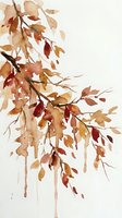 Watercolor autumn leaves branch with warm orange brown red tones dripping paint effect on white background for seasonal design projects.