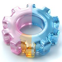 Metallic gear wheel in pink, gold and blue colors with glossy reflective surface on white background, symbolizing gender diversity and technological progress.