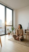 Woman with dark hair and medium skin tone sitting cross-legged on neutral rug in bright apartment with large windows overlooking city skyline, potted plants, wooden furniture, and natural light for lifestyle and wellness content.