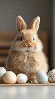 Adorable fluffy lionhead bunny with long ears sitting among decorated Easter eggs on wooden surface, soft natural lighting creates warm atmosphere for holiday cards.