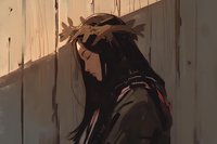 Moody artistic portrait of person with long dark hair wearing black coat and crown of leaves, side view against textured background in muted tones and dramatic lighting.