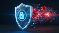 Cybersecurity shield with glowing lock protecting against red virus network attack on dark digital background for data protection concepts.