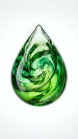 Green glass water drop with swirling patterns and bubbles isolated on white background for eco-friendly design projects and environmental concepts.