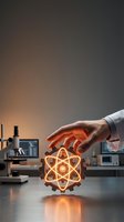 Scientist hand touching glowing atom symbol in laboratory workspace with microscope and computer monitors, representing nuclear research, atomic energy, and scientific innovation.