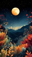 Full moon illuminating night cityscape behind mountains, framed by vibrant autumn foliage in red and gold, with starry sky creating magical atmosphere.