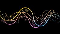 Colorful flowing wave lines with musical notes and decorative elements on black background for creative design projects and artistic compositions.