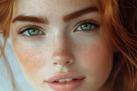Close-up portrait of young woman with red hair, freckles, and striking green eyes against soft background. Natural beauty concept.
