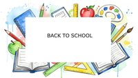 Watercolor back to school frame with educational supplies including books, pencils, rulers, apple and paint palette on white background.